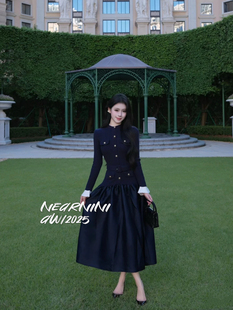 Nearnini 2025秋冬新款藏蓝色长袖针织拼接塔夫绸大摆伞裙针织裙