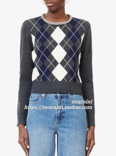 Nearnini 2026秋冬新款水钻圆领复古菱格套头修身针织上衣毛衣