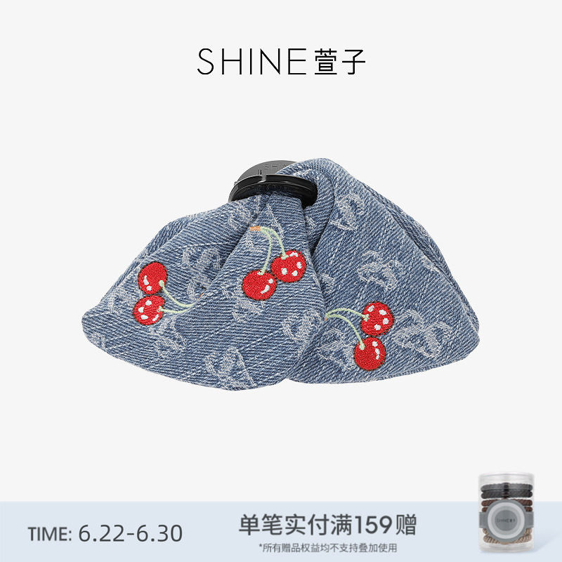 SHINE萱子饰品牛仔樱桃系列时髦印花三角抓夹女布艺发夹通勤发饰