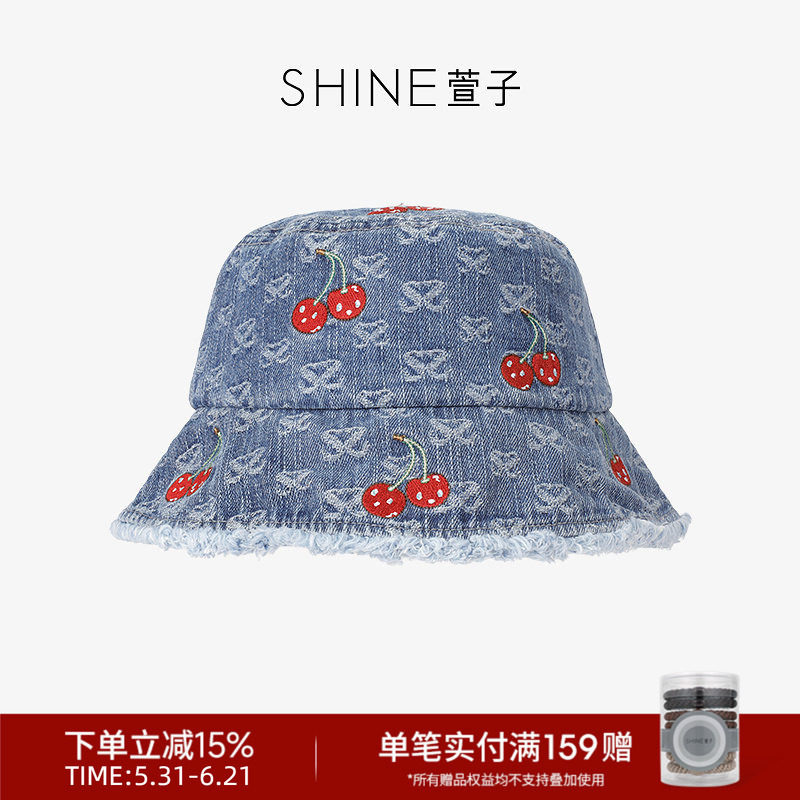 SHINE萱子饰品牛仔樱桃系列时髦印花渔夫帽可爱毛边大帽檐遮阳帽