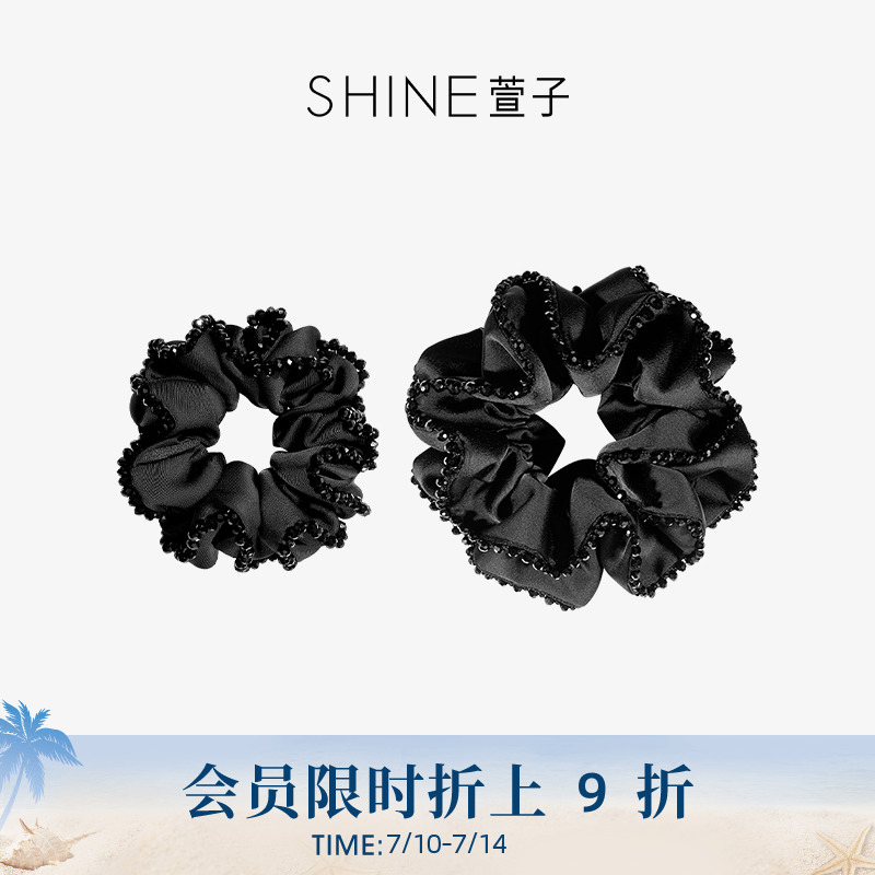 SHINE萱子饰品优雅精致黑色水晶大肠发圈缎面皮筋发绳女新款