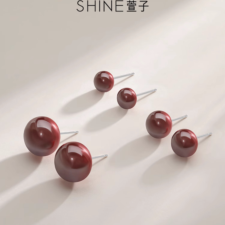 SHINE萱子复古红圆润珍珠耳钉