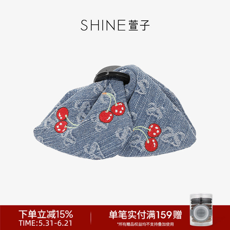 SHINE萱子饰品牛仔樱桃系列时髦印花三角抓夹女布艺发夹通勤发饰
