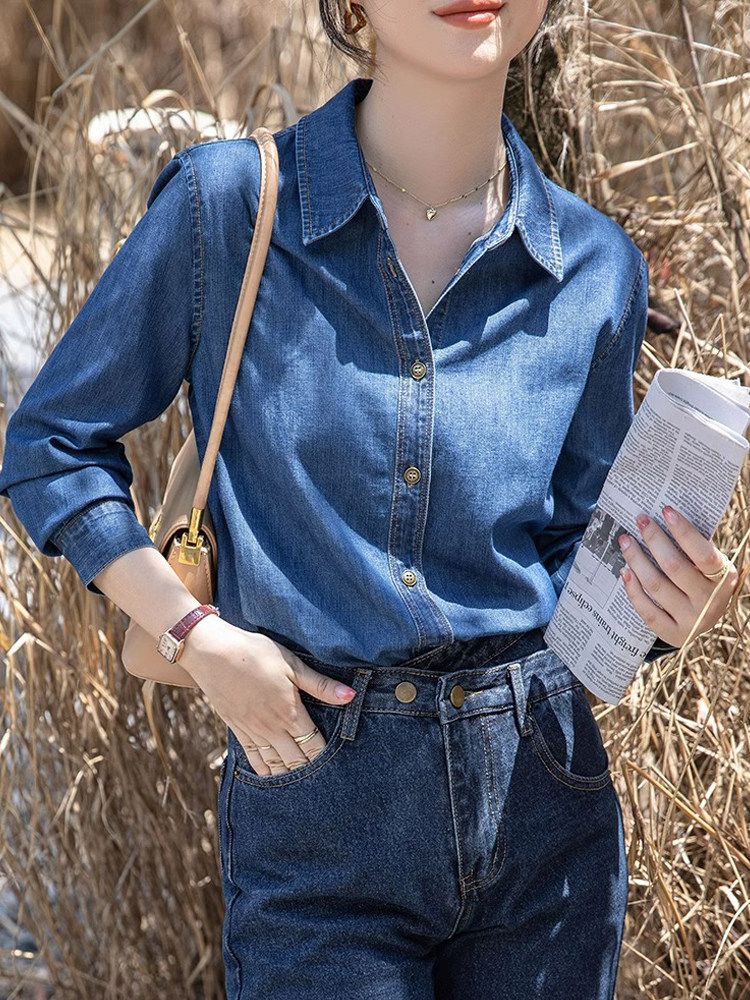 蓝色牛仔衬衫女2025夏季新款港风覆古叠穿衬衫小个子休闲长袖上衣