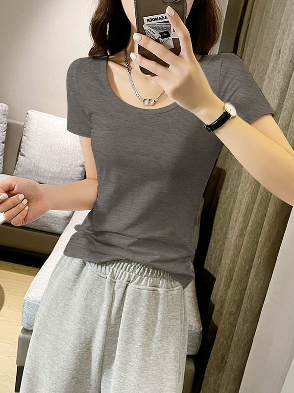 莫代尔U领短袖t恤女2025春秋新款冰丝薄款打底紧身显瘦大领口上衣