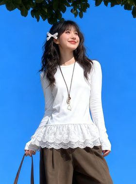 白色圆领拼接蕾丝花边长袖T恤季新款韩系叠穿下摆内搭打底衫0115k