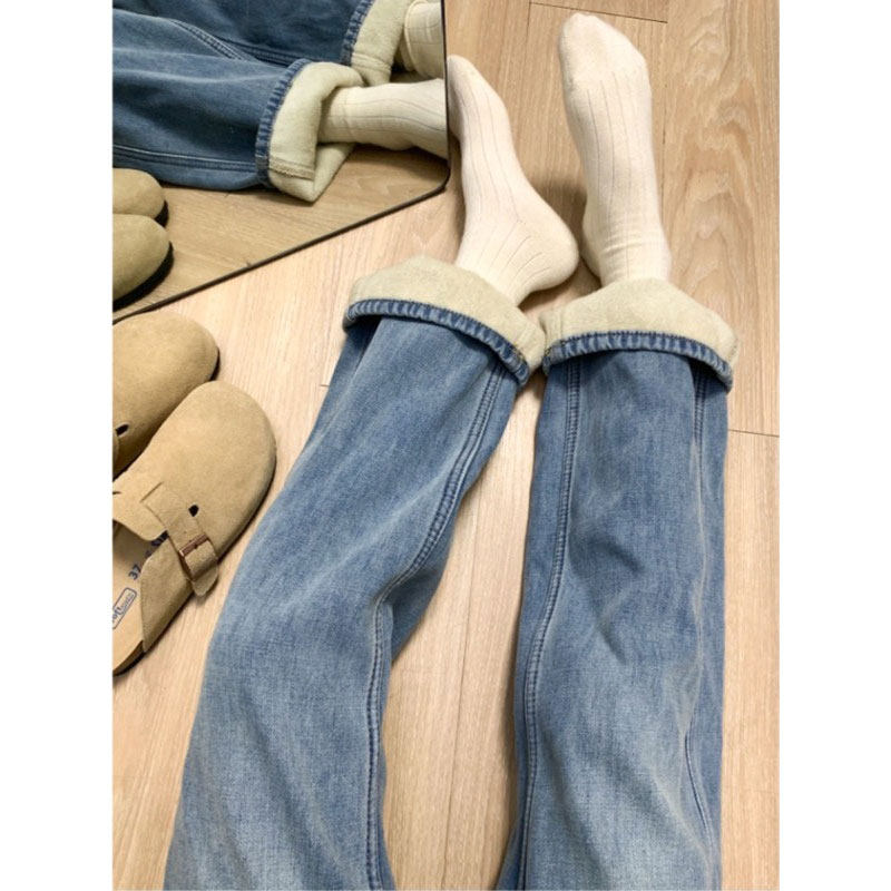 浅蓝色加绒高腰阔腿牛仔裤女士冬季新款通勤休闲百搭小个子直筒裤