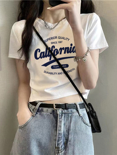 显瘦短款 白色字母印花短袖 洋气修身 新款 纯棉上衣潮 T恤女2025夏季