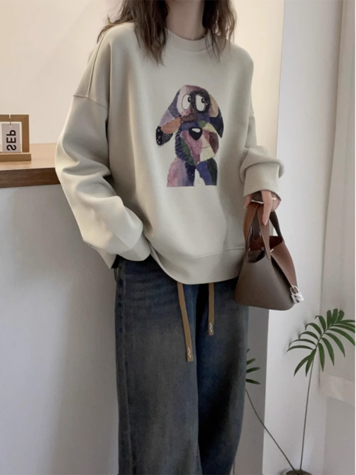 春秋季女士圆领长袖毛衣，羊毛衬里加厚美拉德穿美式懒散宽松连帽