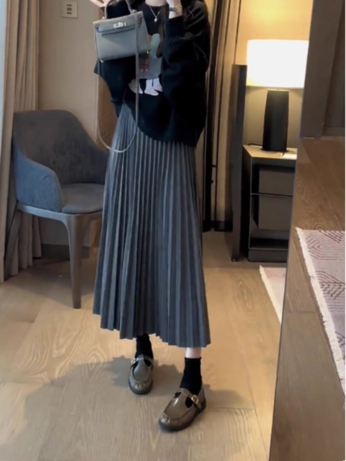 灰色女士百褶裙2025春秋季娇小优雅高腰褶皱中长a字羊毛裙