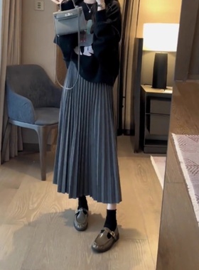 灰色女士百褶裙2025春秋季娇小优雅高腰褶皱中长a字羊毛裙