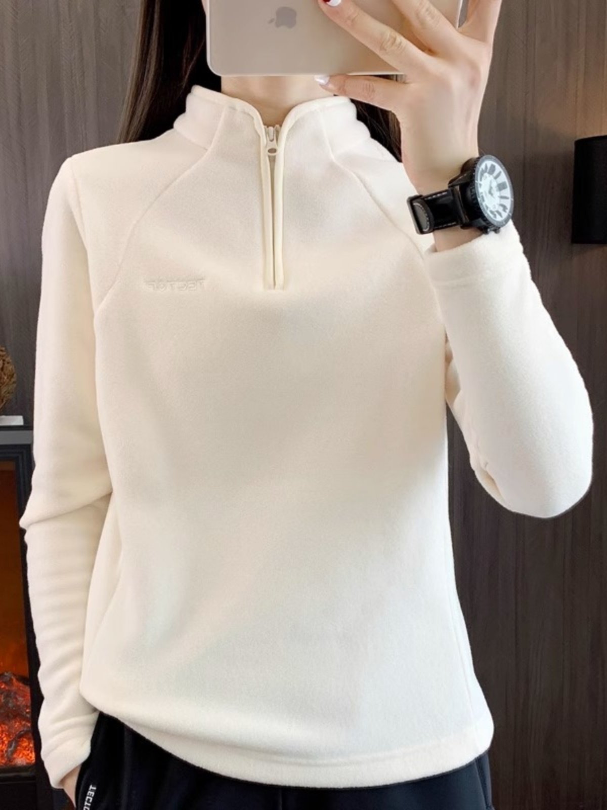 白色立领半拉炼女士运动衫2025春秋季宽松休闲加厚极地羊毛保暖套