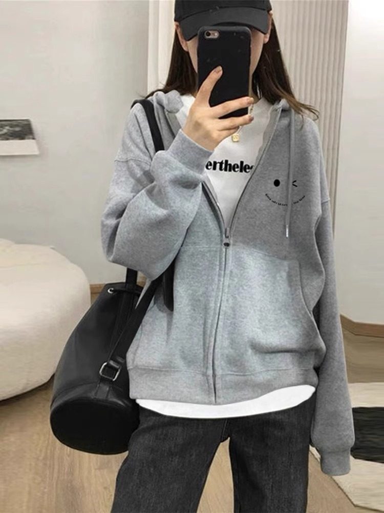 灰色连帽卫衣2025春季新款慵懒休闲百搭宽松显瘦韩版拉链开衫外套
