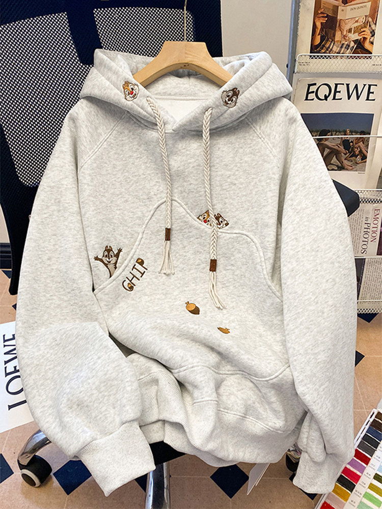 卡通刺绣连帽卫衣女秋冬新款宽松慵懒风高级感白灰色套头帽衫外套