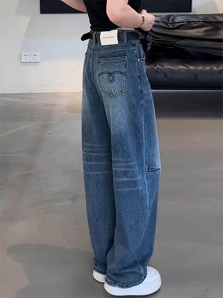 直筒牛仔裤女2025年春季新款大码弯刀裤宽松显瘦高腰深蓝色阔腿裤