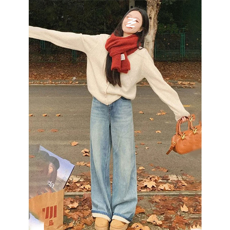 浅蓝色加绒直筒牛仔裤女冬季新款百搭休闲高腰显瘦加厚保暖阔腿裤