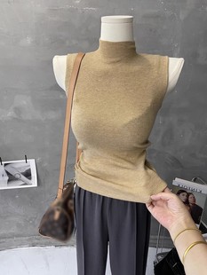 半高领无袖针织衫女2025春秋咖色内搭背心上衣弹力紧身螺纹打底衫