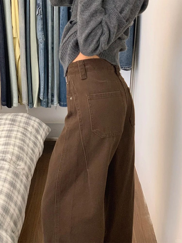 棕色弯刀牛仔裤女秋季时尚覆古小个子宽松梨型身材高腰直筒阔腿裤