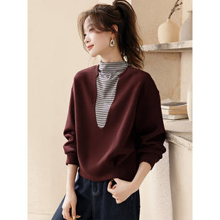 假两件条纹拼接半高领卫衣女2025秋冬新款 上衣 设计感休闲宽松长袖