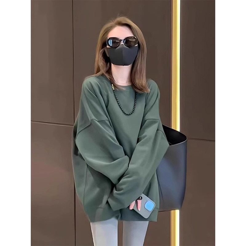 墨绿色圆领无帽卫衣女2025秋冬新款宽松慵懒风中长款套头打底上衣