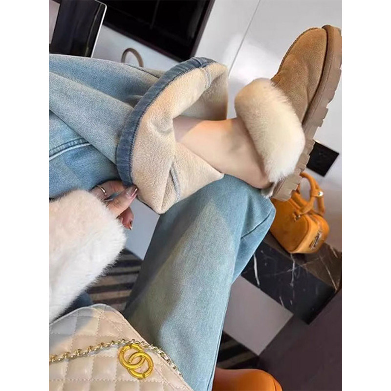 浅蓝色加绒阔腿牛仔裤女冬季新款小个子高腰加厚保暖直筒拖地长裤