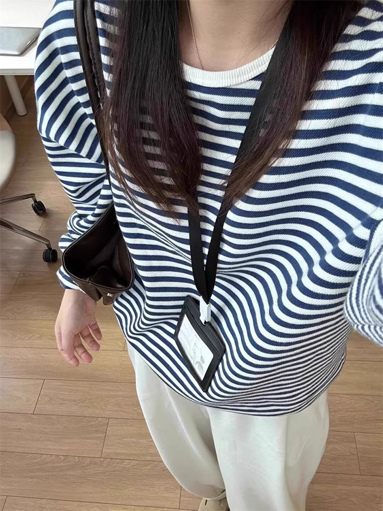 大码慵懒风条纹卫衣女2025秋季韩版减龄胖mm宽松遮肉长袖T恤上衣