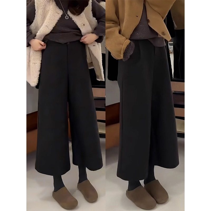 黑色毛呢八分阔腿裤女秋冬季2025年新款加厚休闲西装直筒裤小个子