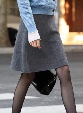 覆古灰色羊毛女装春秋季新款韩式高腰修身Look a字百搭优雅中裙