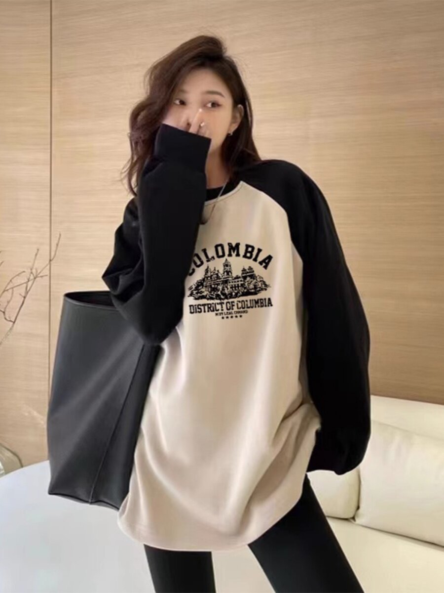 撞色印花圆领长袖T恤卫衣女士秋冬宽松慵懒风中长款遮屁股的上衣