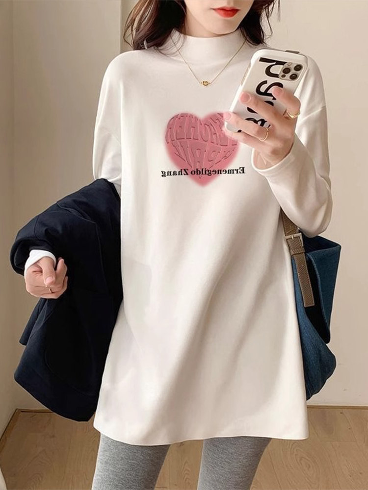 半高领德绒长袖T恤女士秋冬中长款加厚白色打底衫配鲨鱼裤的上衣