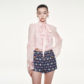 lefame拉飞姆雪纺打揽高饱和粉色飘带上衣 明星同款