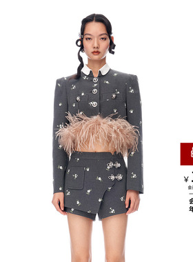 【金晨同款】lefame拉飞姆新中式翻领刺绣毛毛短款西装外套