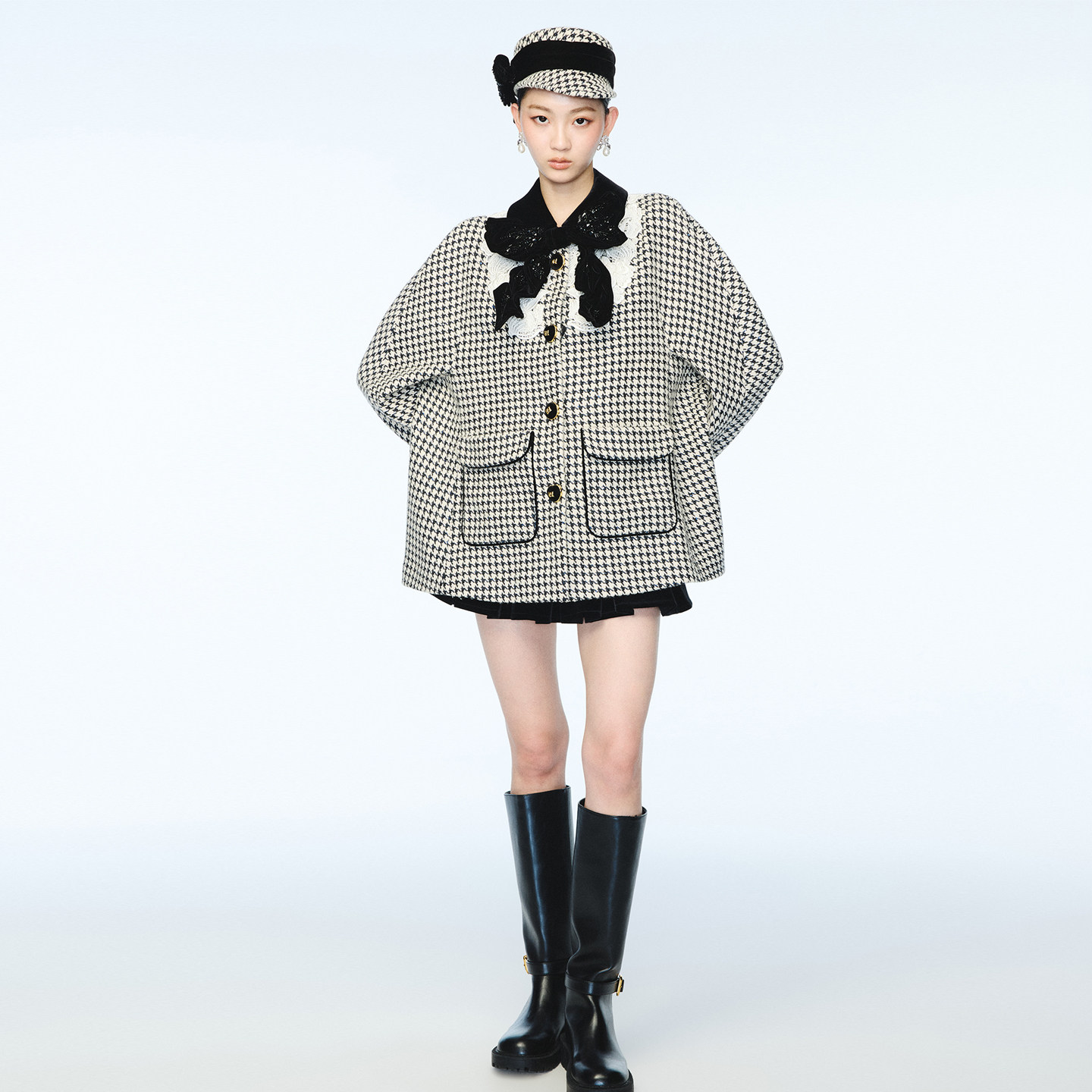 【Angelababy同款】lefame拉飞姆春秋千鸟格大衣羊毛毛呢外套女