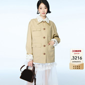 lefame拉飞姆春季 蕾丝领风衣韩系卡其娃娃领外套女上衣 新款