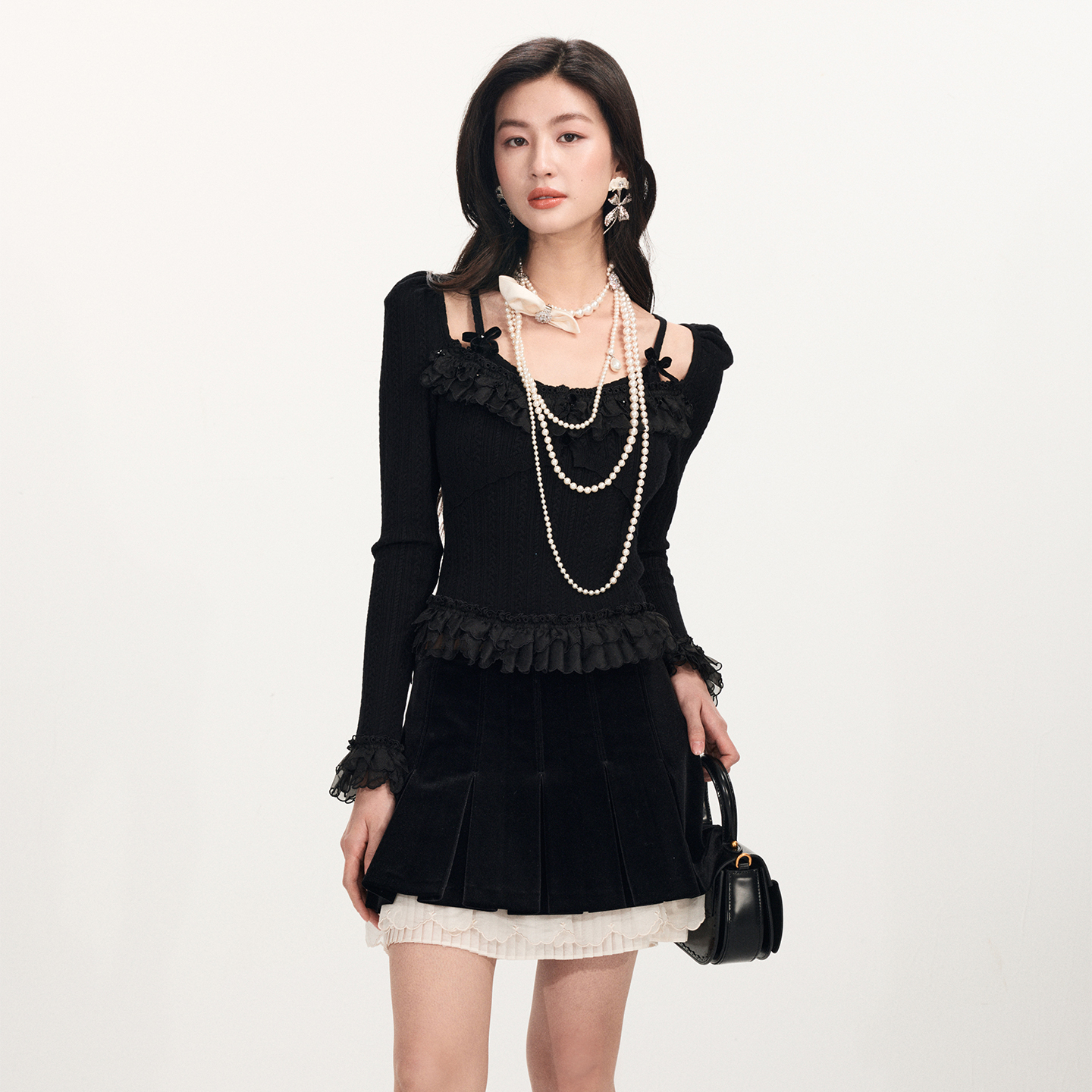 lefame拉飞姆2026早春新品时尚假两件暗黑洛可可荷叶边针织上衣