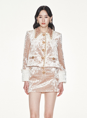 lefame拉飞姆宽松版型精致A摆丝绒花边短款外套