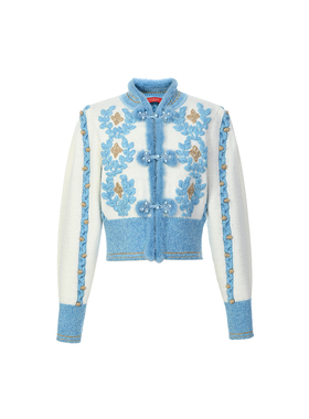 lefame拉飞姆秋季复古百搭蓝白卷草纹针织外套