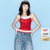 背心 高级甜美蕾丝花边撞色针织吊带无袖 lefame拉飞姆春季 新款
