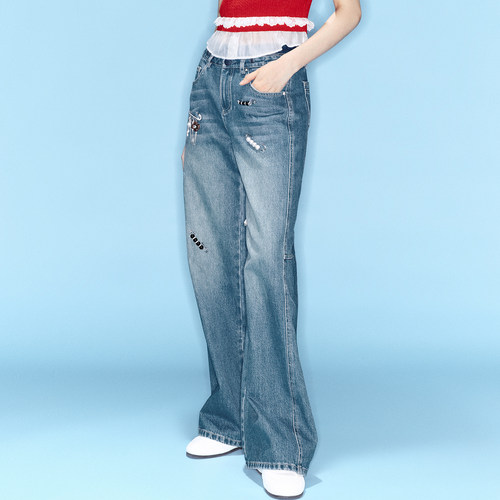 时尚趣味别针牛仔长裤女