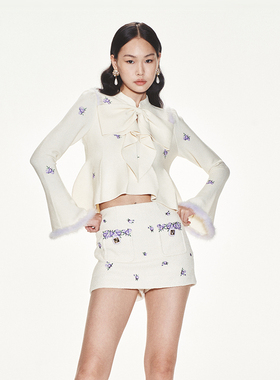 lefame拉飞姆复古高级感米色小花刺绣针织上衣