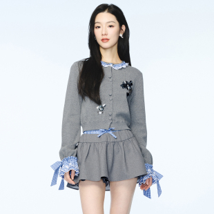 上衣女 lefame拉飞姆2025秋季 新款 时尚 格子拼接钉珠重工针织开衫