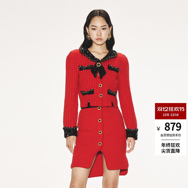 lefame棉开衫花瓣领毛织开山