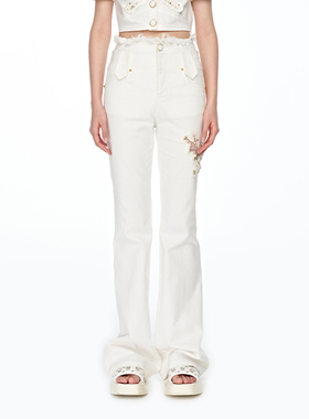 【明星同款】lefame拉飞姆2025春秋千金微喇超模裤牛仔长裤女白色