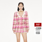 lefame拉飞姆海马毛收腰中长款 粉彩格纹外套