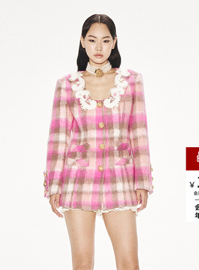 lefame拉飞姆海马毛收腰中长款粉彩格纹外套