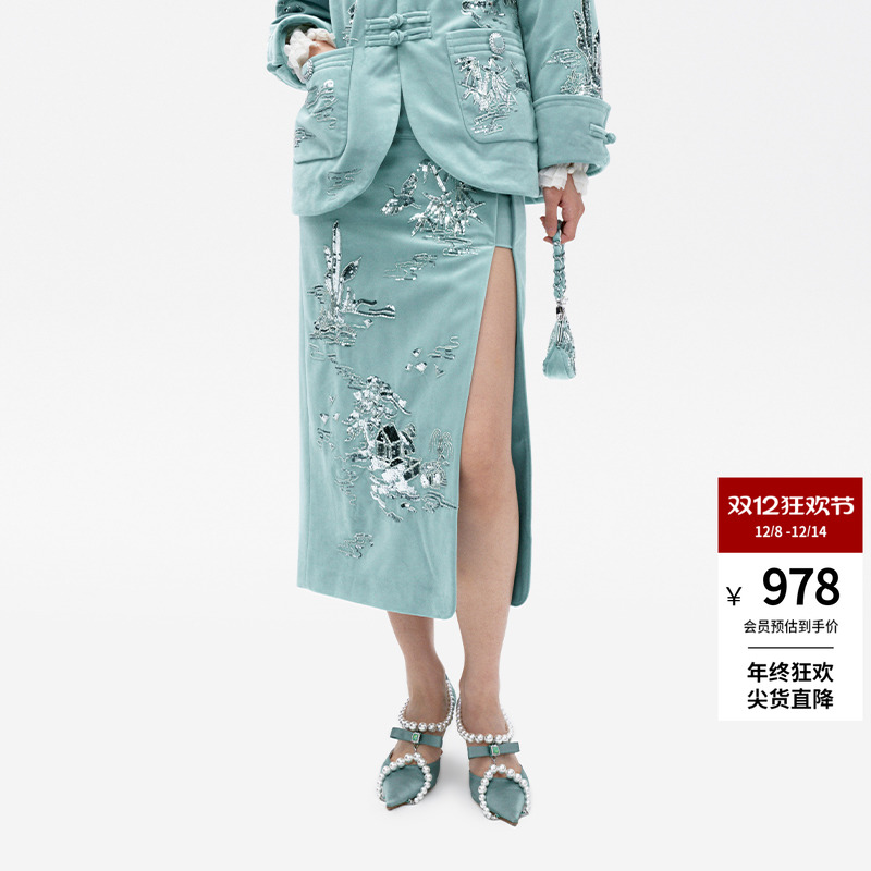 lefame拉飞姆冬季中式亭台楼阁丝绒一步裙半裙女