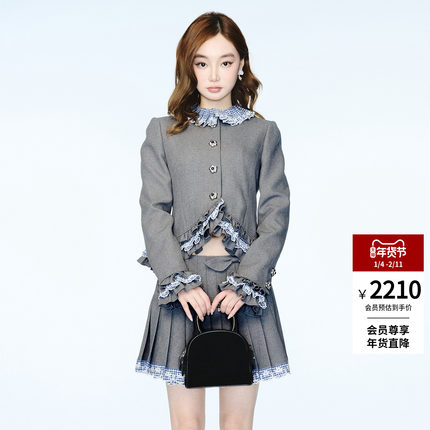 lefame拉飞姆2025秋冬新款时尚洛可可格子刺绣花边短外套上衣显瘦