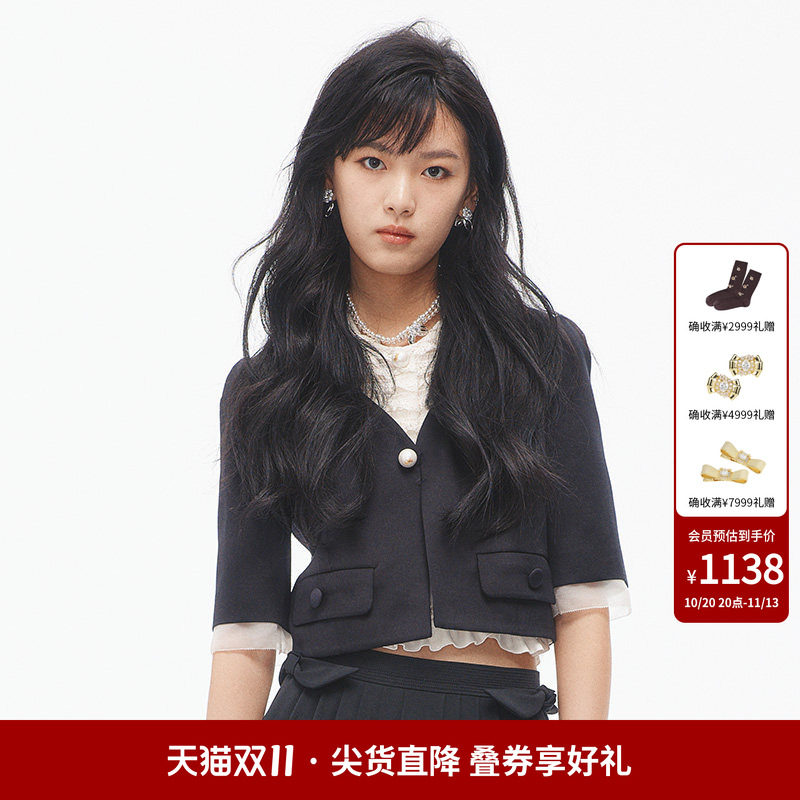 lefame拉飞姆时尚假两件丝毛外套拼接蕾丝短袖上衣