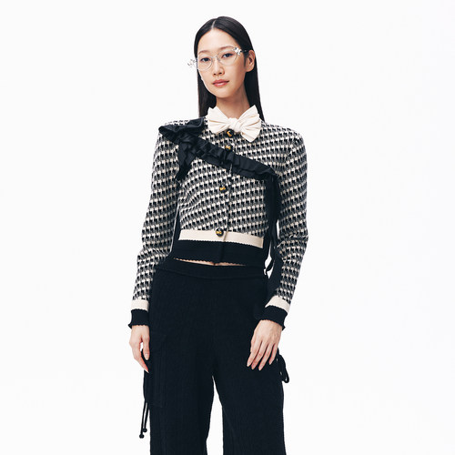 lefame拉飞姆2026秋季新款时尚缎面蝴蝶结千鸟格针织开衫外套女装