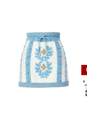 lefame拉飞姆秋季复古百搭蓝白条卷草纹针织短裙